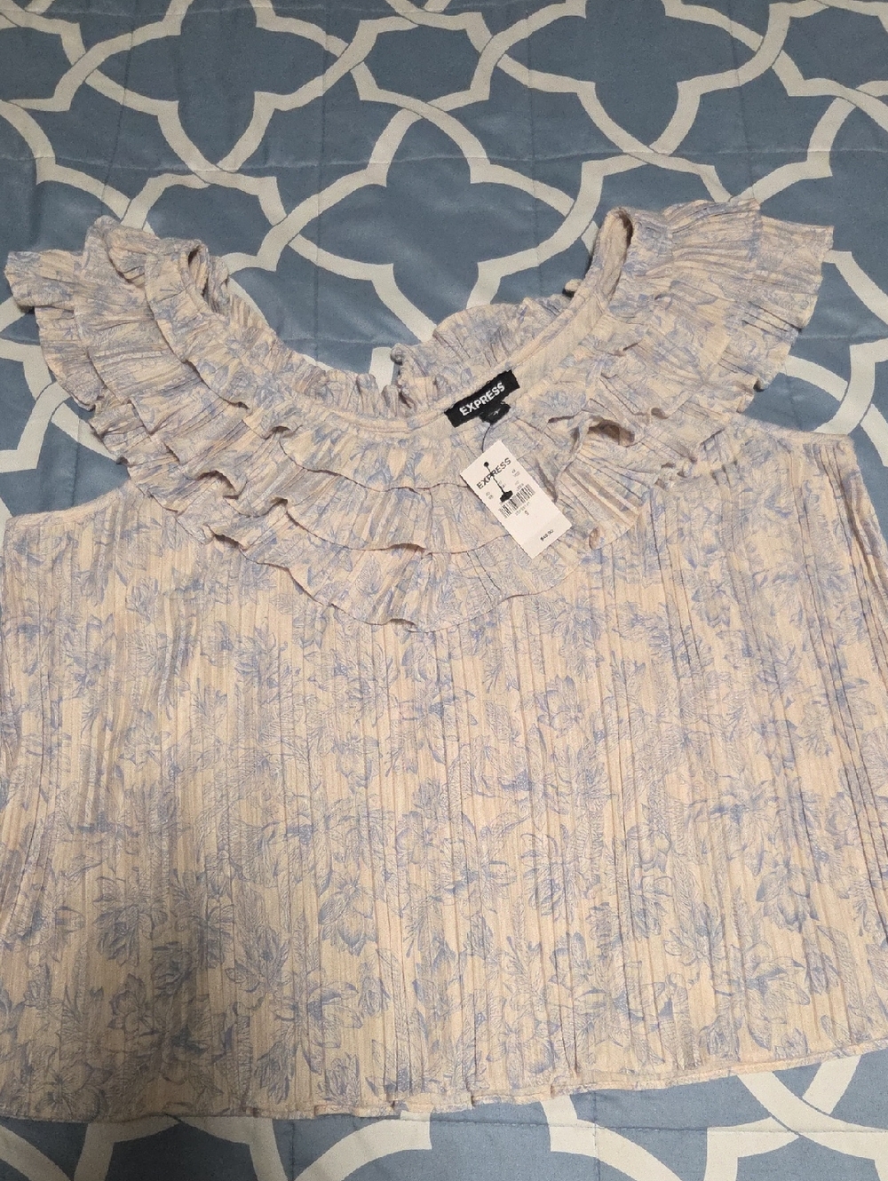 Express Light Blue Floral Ruffle-Neck Blouse